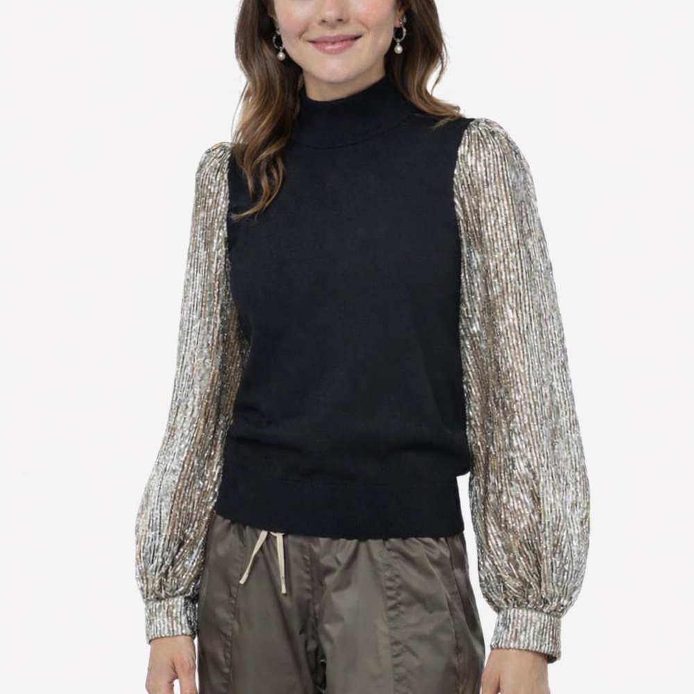 Tory Burch Cashmere‎ Sweater Metallic Balloon Sleeve Mock Neck Black Gold S